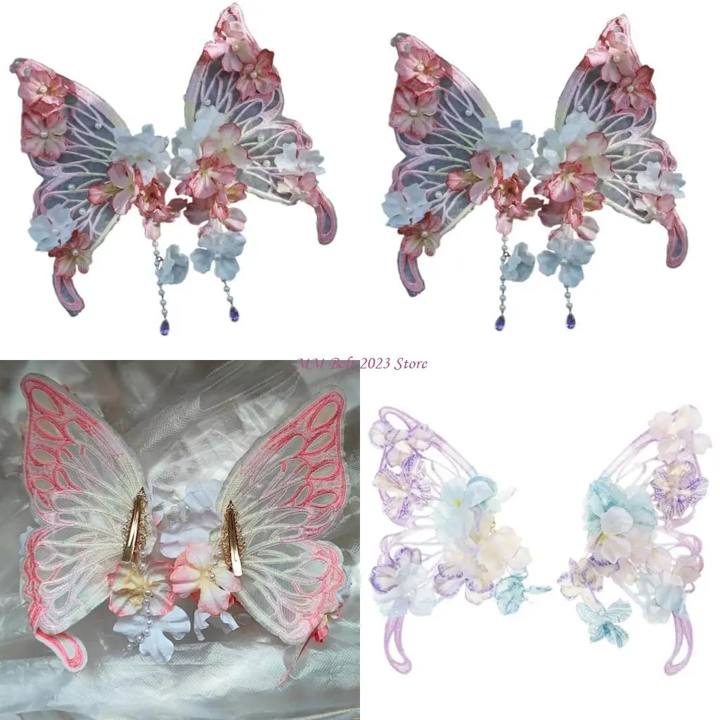 

49ME шелковая заколка для волос в форме бабочки с кисточками и цветком для китайского костюма Хань, нарядный головной убор, для