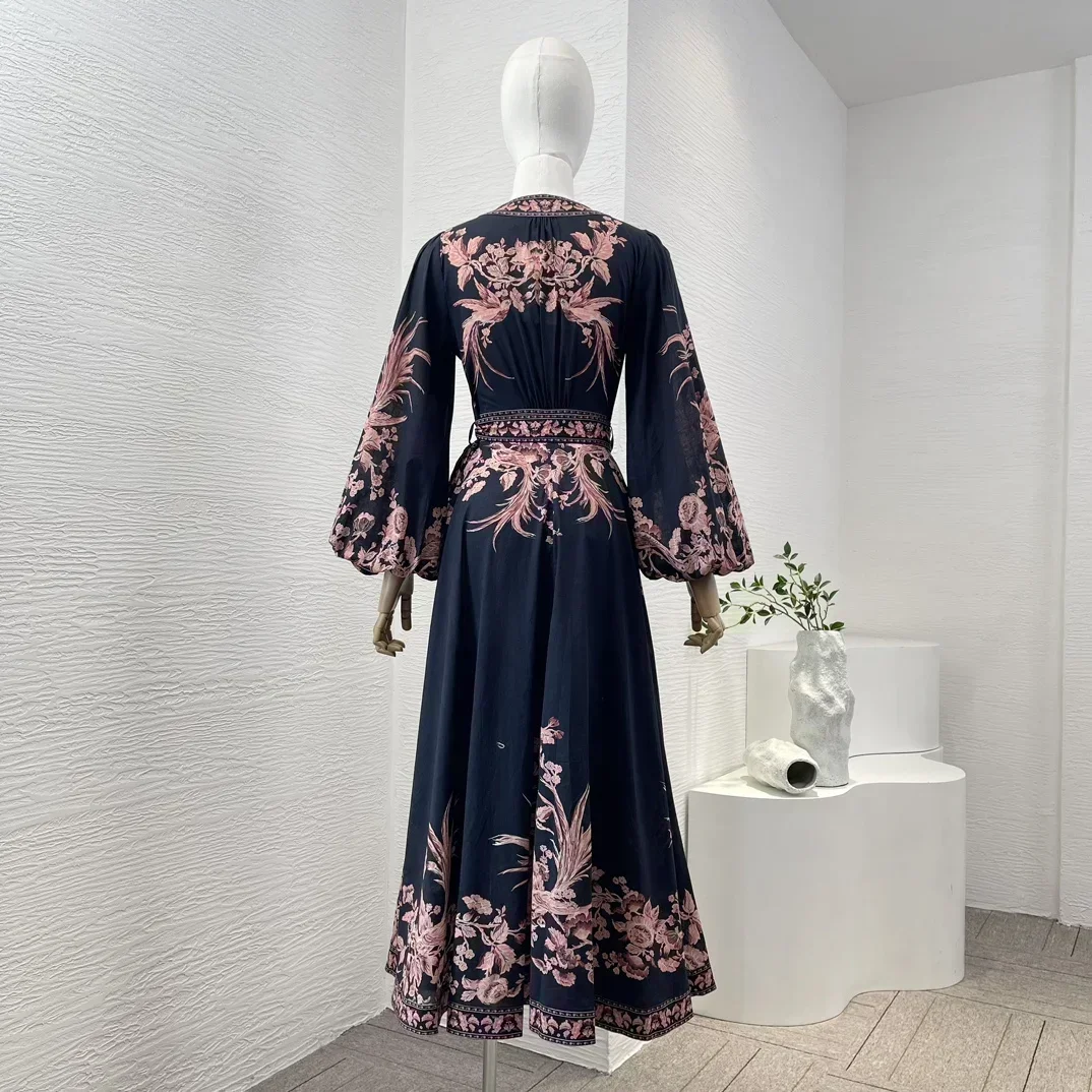 2024 New Women Black Vintage Floral Printing  Long Lantern Sleeve High Quality Cotton Midi Wrap Dress Spring Summer