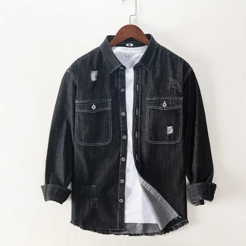 

Japanese Vintage Long Sleeve Denim Shirt Men Streetwear Ripped Jean Shirt Double Pocket Loose Shirts Spring Fall Fashion Clothes