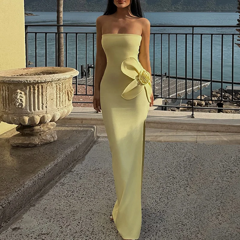 Sexy tubo superior split vestido de festa elegante puro oco para fora sem mangas vestido de banquete 2025 nova senhora estereoscópica floral vestido de noite