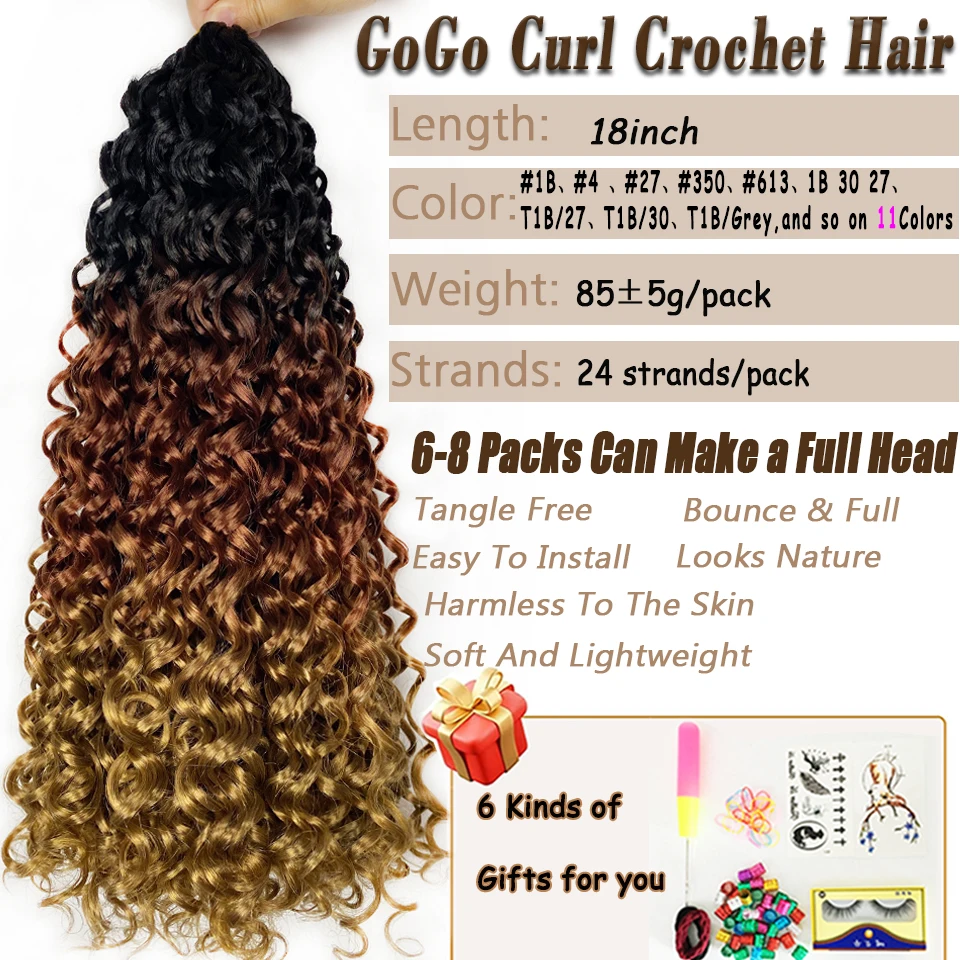 WAKEGO Crochet Hair GoGo Curl for Black Women 1-6 Packs #1B 30 27 4 613 Grey Colors Syntheic Beach Curl Bohemian Crochet Braids