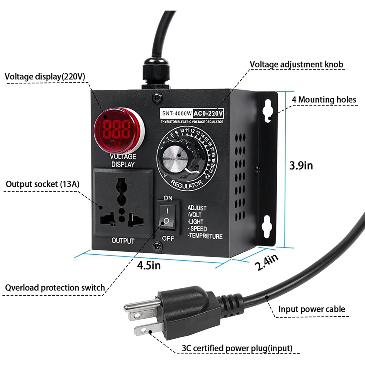 AC Motor Speed Controller ,Variable Speed Controller Fan Speed Controller, 120V SCR Voltage Regulator US Plug