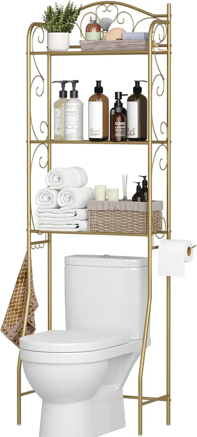

3-Tier Over Toilet Bathroom Organizer Rack, Freestanding Space Saver with Hooks in Gold for Home Storage