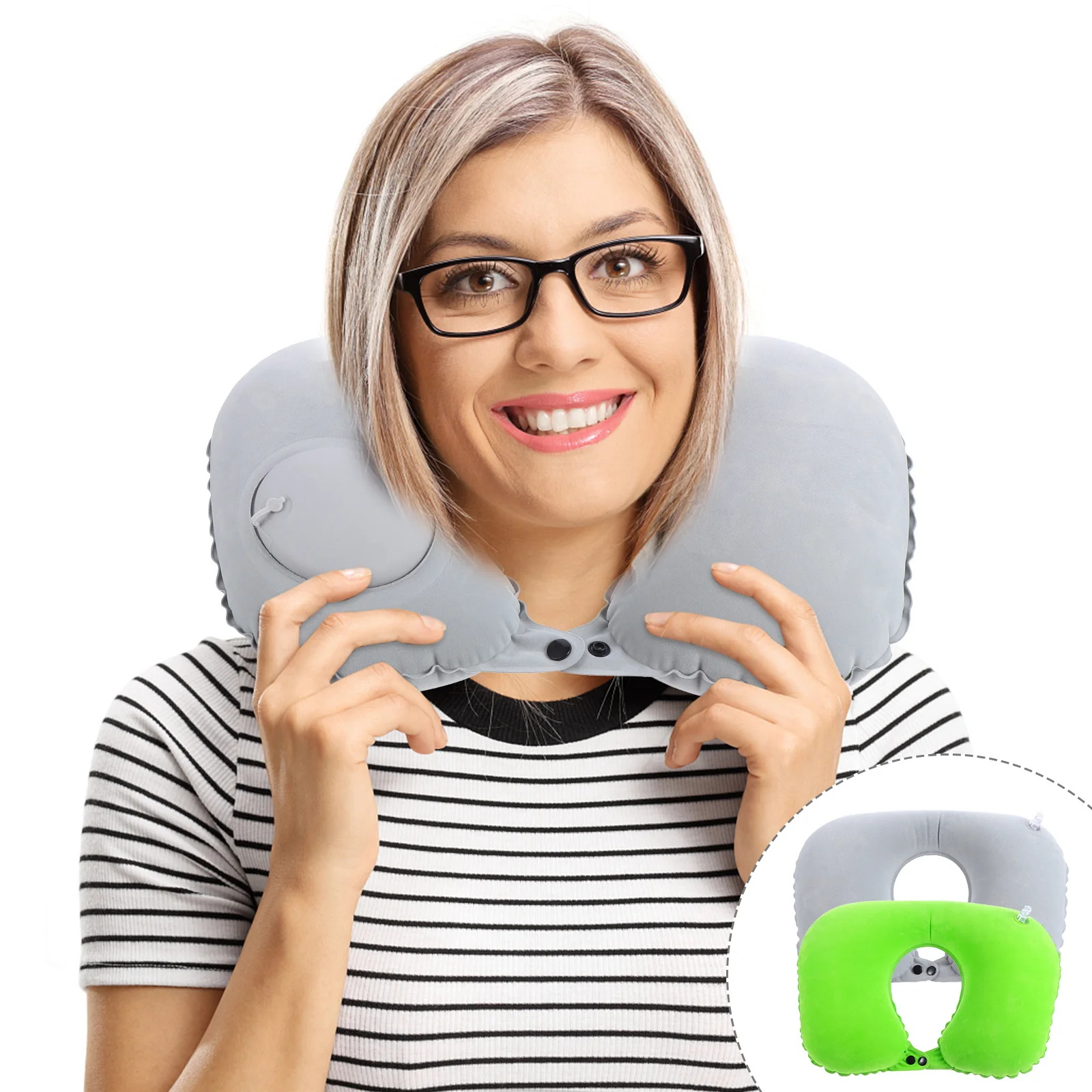 

2 pcs U-Shaped Inflatable Pillows Grey Red Lightweight Travel Neck Support Cushions Portable Air Pillows For Car Office Home Use