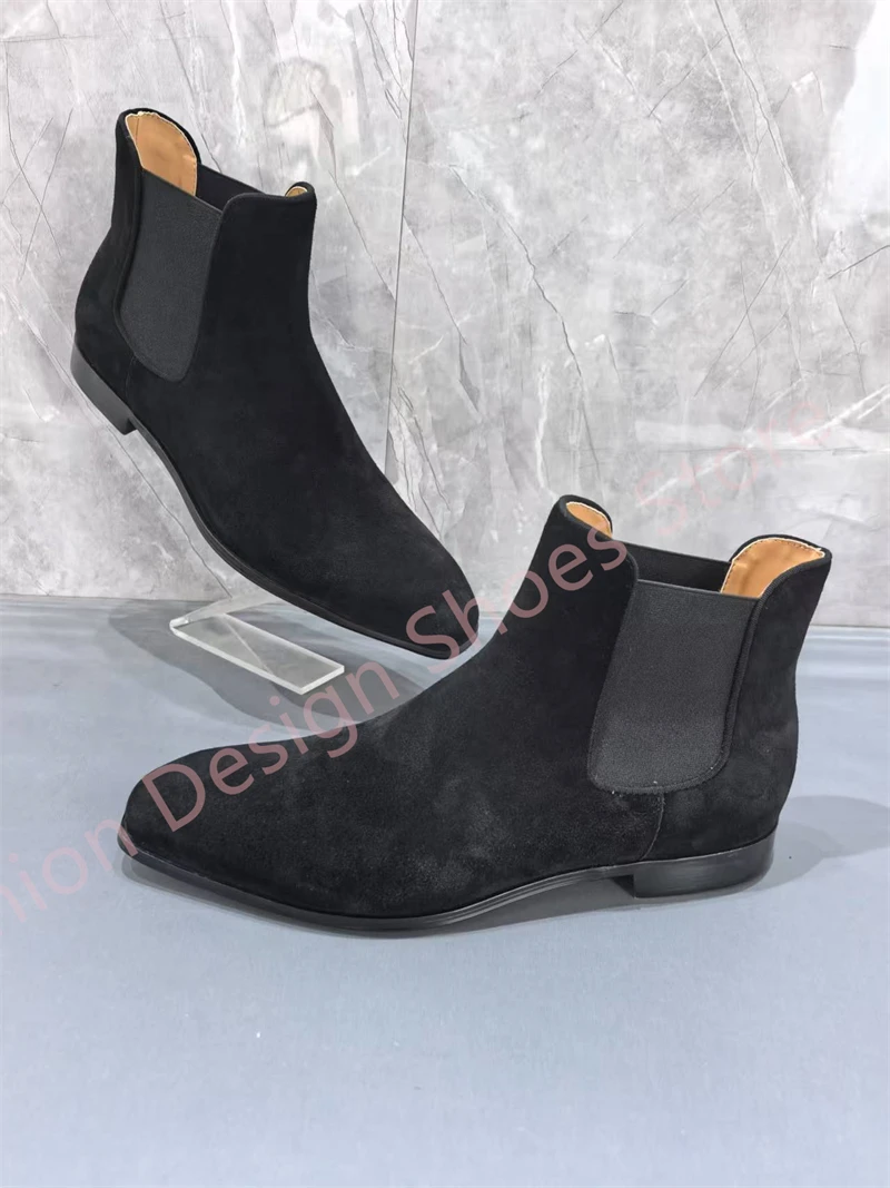 Stivaletti da uomo con fascia elastica Tacco basso in pelle scamosciata nera Street Style Primavera Novità in scarpe casual da uomo di grandi dimensioni 40-47