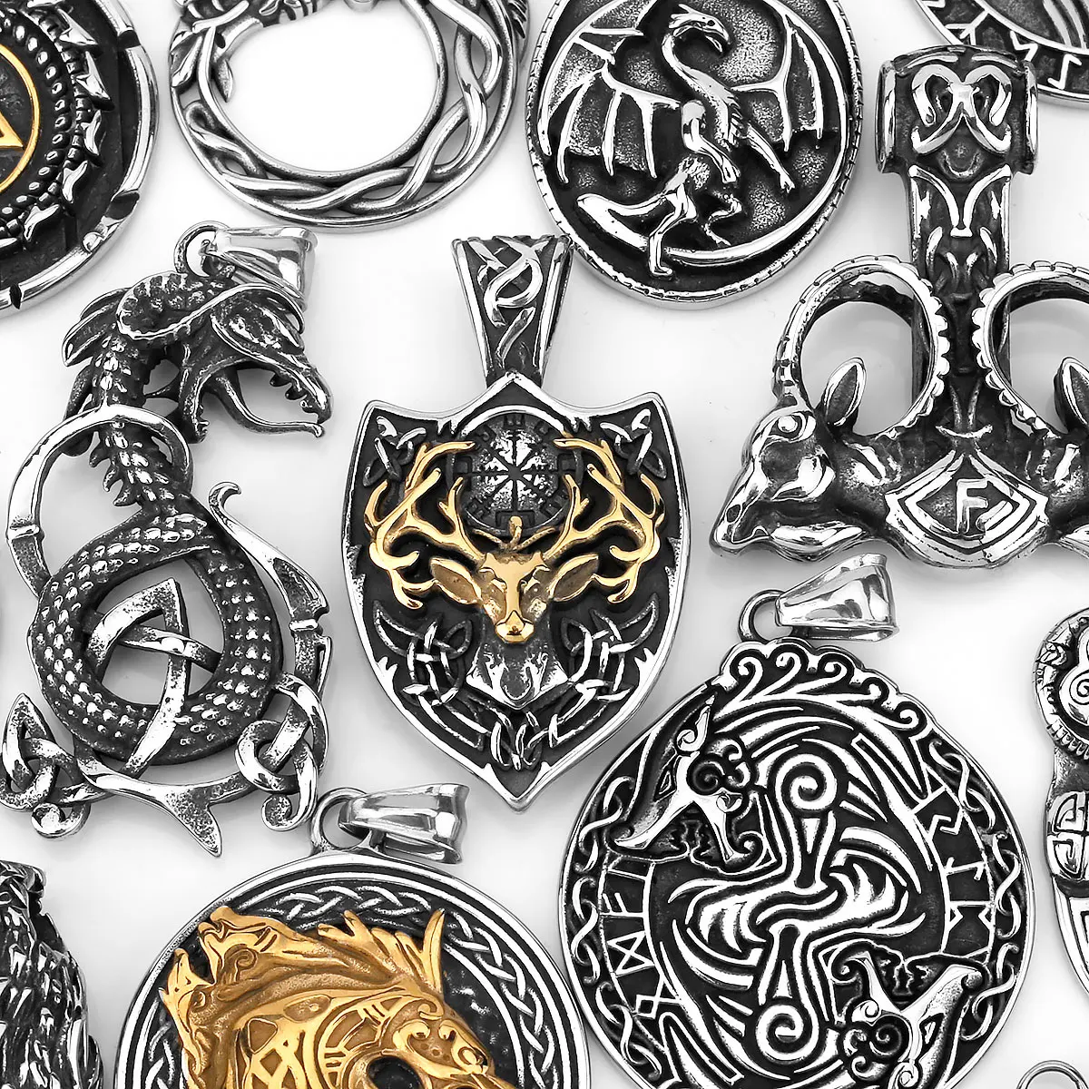 Stainless Steel Dragon Punk Necklace Amulet Celtic Three Sheep Bear Snake Totem Viking Pendant Men\'s Charm Necklace Jewelry Gift