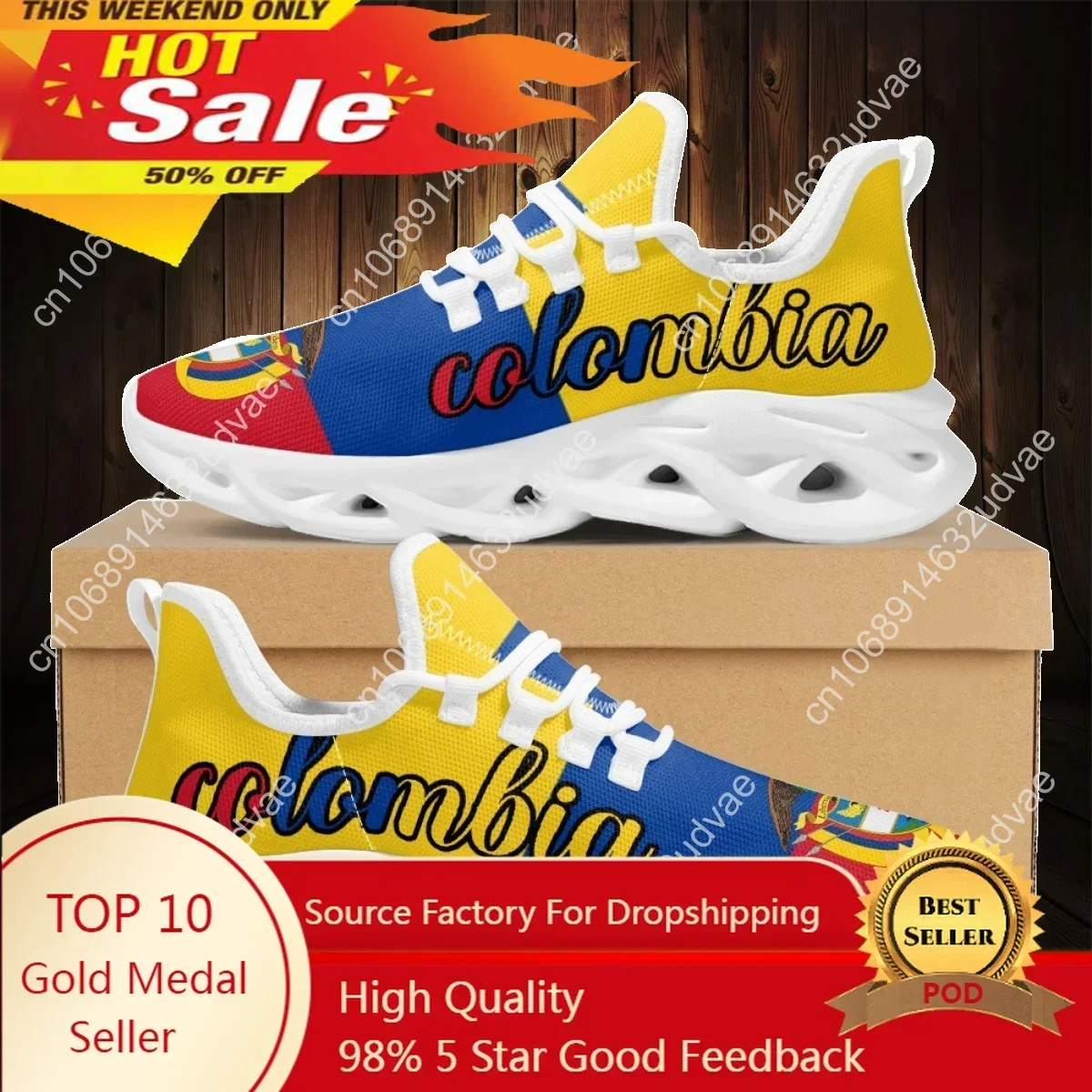2023 New Sport Running Shoes Colombia Flag Lace-up Walking Sneakers Shock Absorption Cushion Tennis for Womens Mans