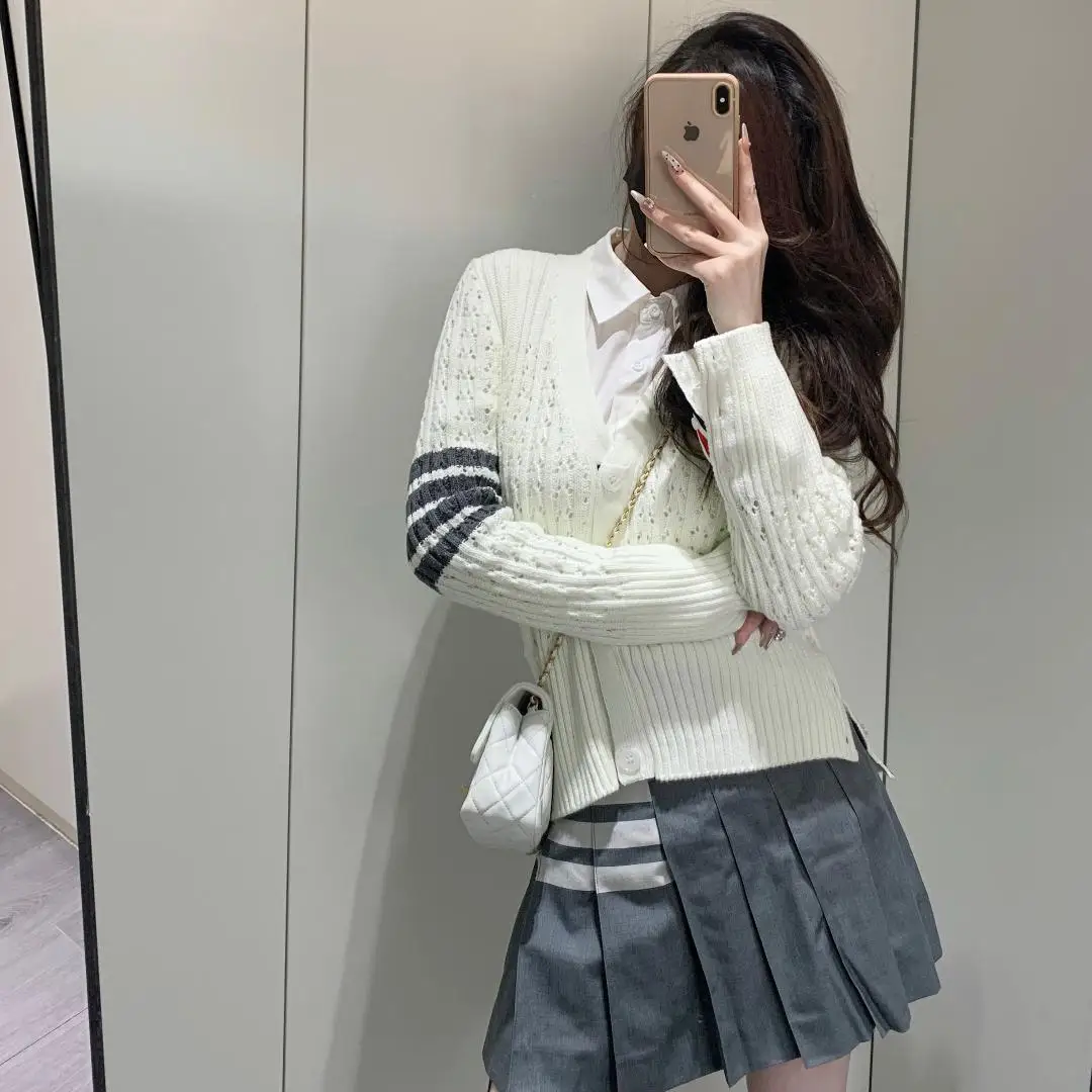 TB THOM Women\'s Knitted Sweaters High Quality Classic 4-Bar Striped V-Neck Cardigan Casual Fashion Slim-fit Female Blouse