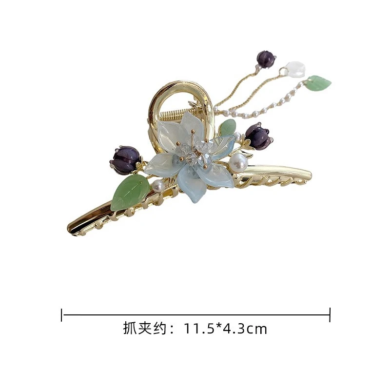 2022 New Classical Orchid Pearl Tassel Grab Clip Ladies Ponytail Clip Flower Shark Clip Girl Elegant Headwear Accessories