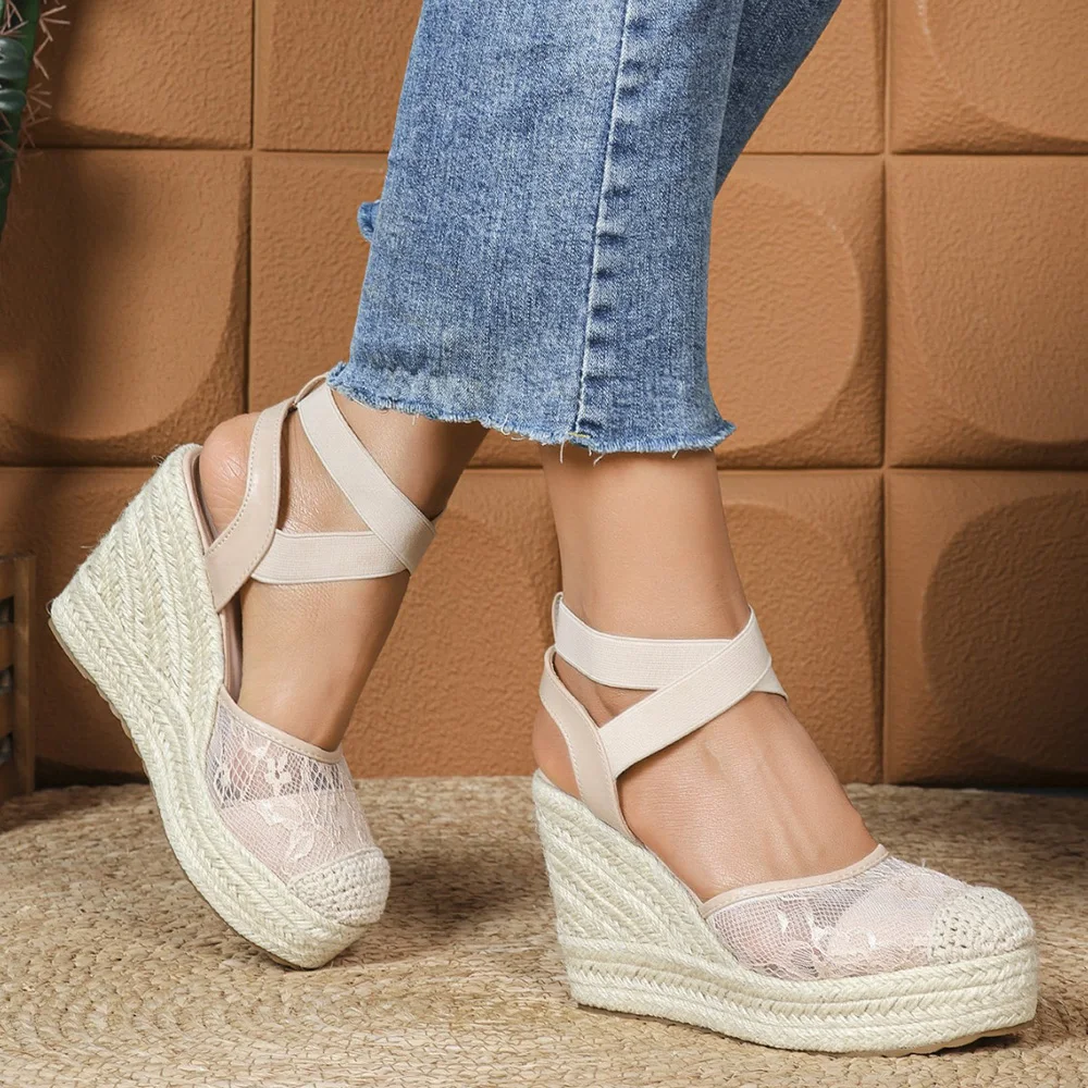Summer Lace Espadrille Platform Shoes Women Wedge Heel Sandals 10cm Elegant Ladies Party Shoes Plus Size 42 D975