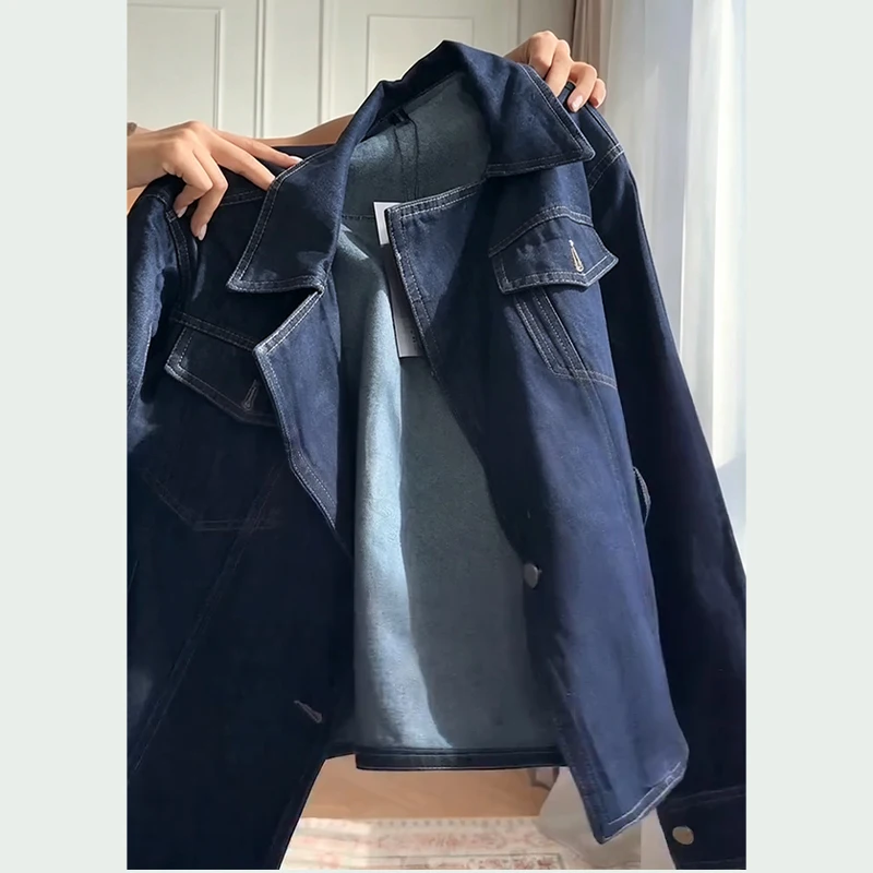 Revers-Taillenbetonende Schnür-Jeansjacken-Hosen-Sets für Damen, Street-Style, Langarm-Slim-Jacken, Weitbein-Hosen, Schicke Damen-Outfits – Detail 15