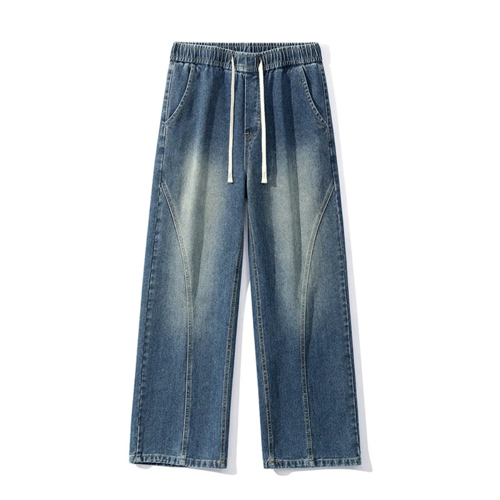Men Vintage Jeans Washed Denim Pants High Waist Denims Pockets Button String Lace-up 2025 Casual Basics Ankle Length Trousers