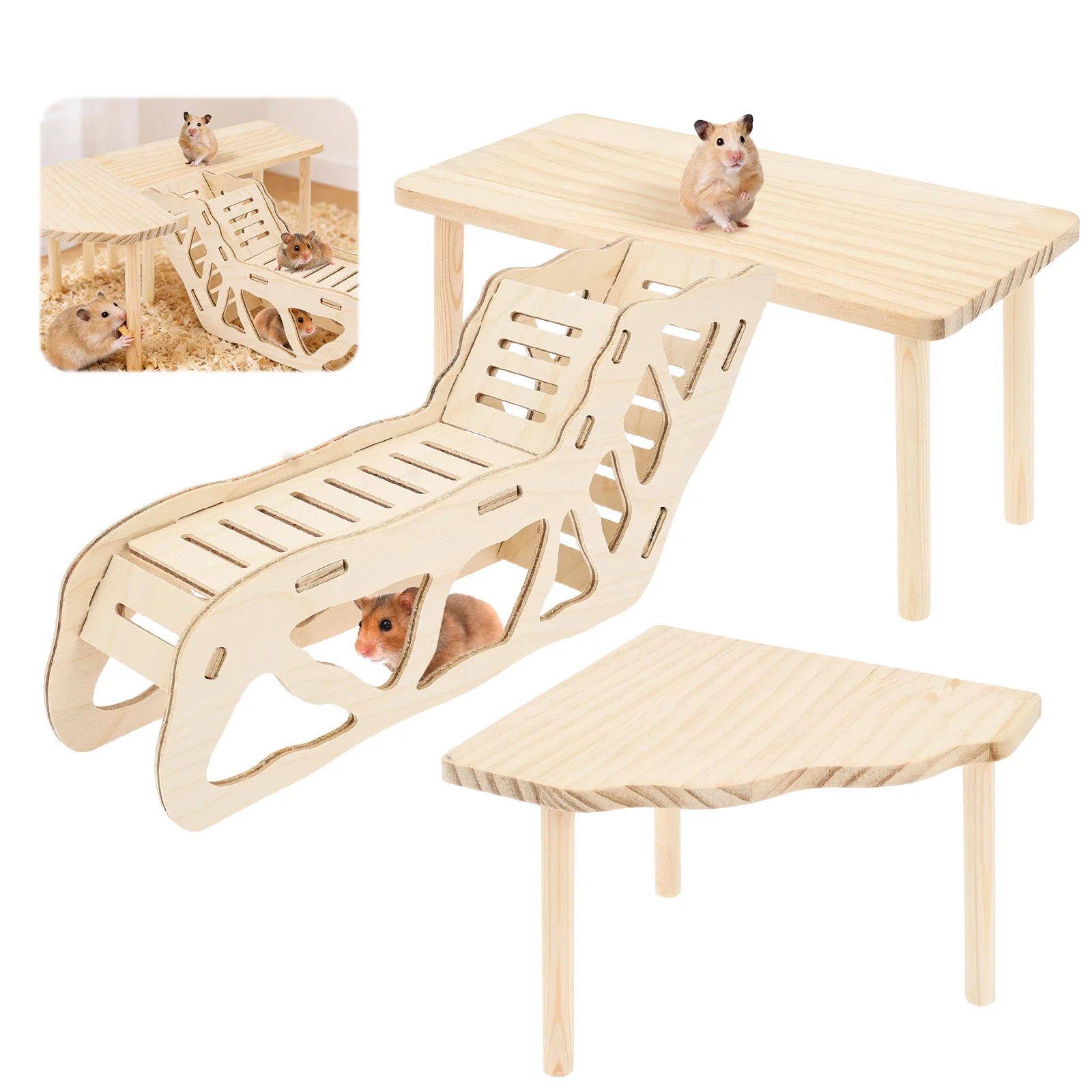 3-teiliges Hamster-Klettergerüst aus Naturholz mit Rampe, Tunnel und Unterschlupf, Ruhebereich für Kleintiere, Hamsterkäfig-Zubehör