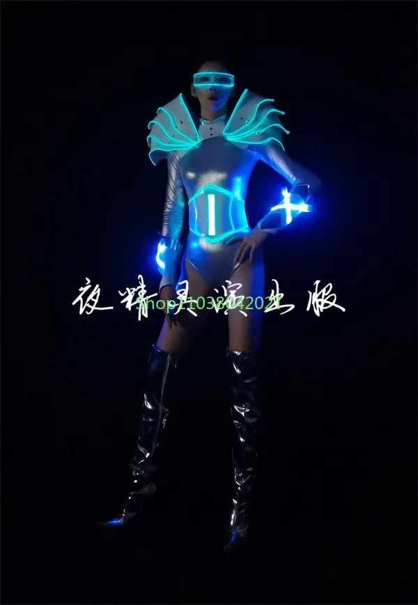 Night Bar Performance Costume Silver Luminous Led Cold Light Female Gogods Future Warrior Technology Armor Suit