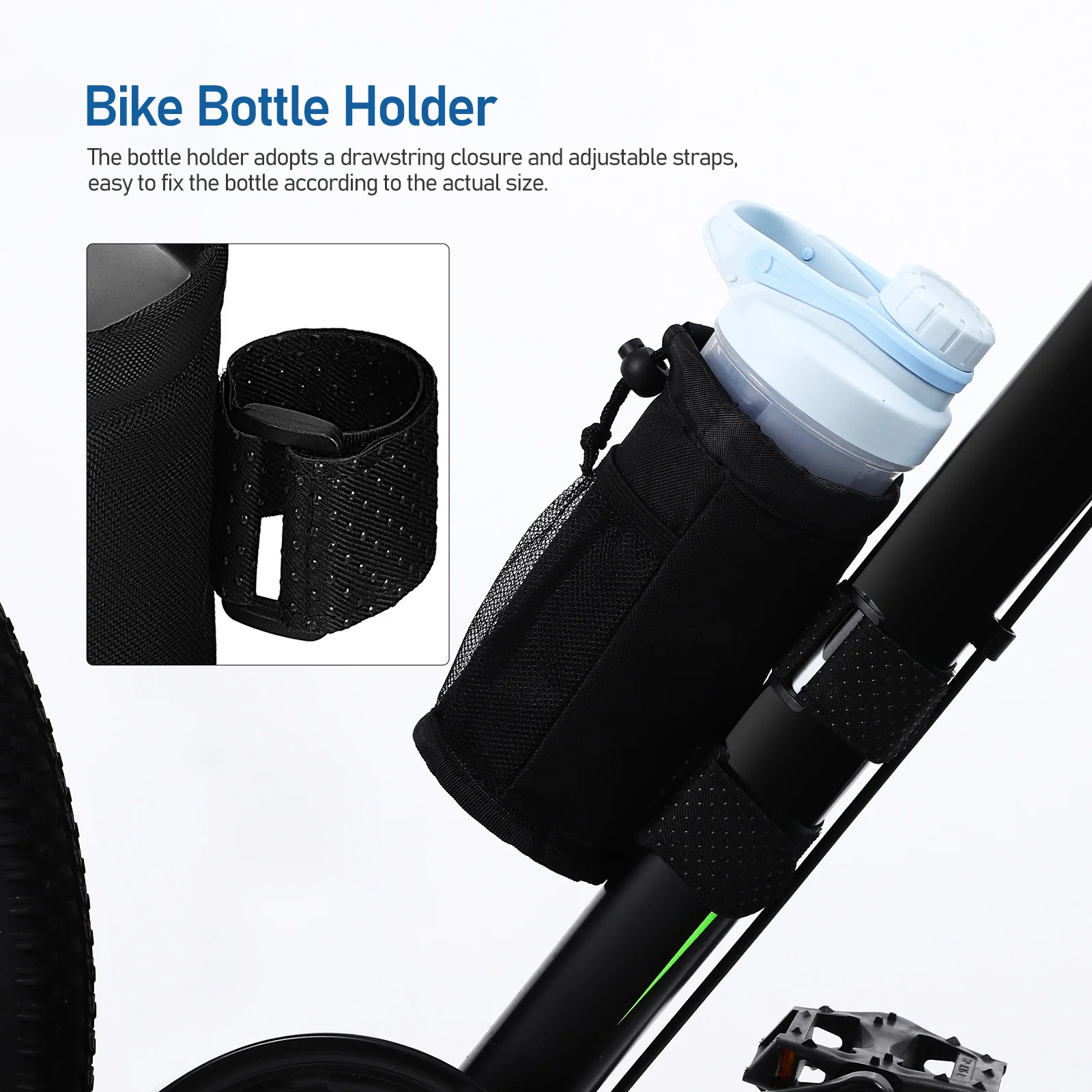 

Bike Water Bottle Holder Large Capacity Mesh Side Pockets Adjustable Straps Drawstring Outdoor Cycling Cup Holder