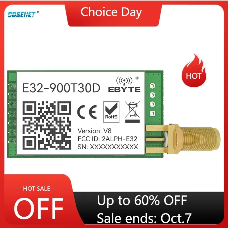 

LoRa Wireless Serial Port Module RF UART 868MHz 915MHz 30dBm 8km Long Range SMA-K CDSENET E32-900T30D TTL DIP Tranceiver