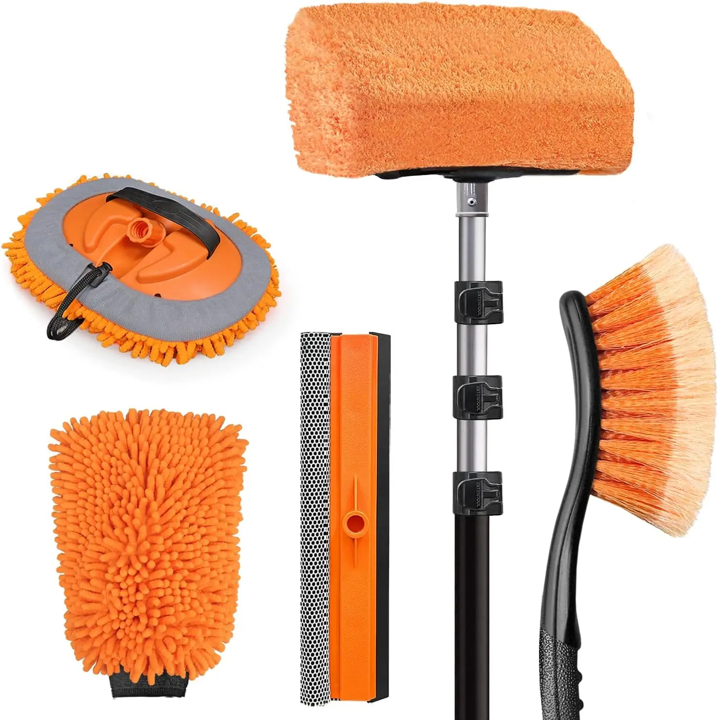 

20ft Reach Car Wash Brush Kit with Long Handle, Extension Pole, Soft Brush, Tire Brush & Squeegee
