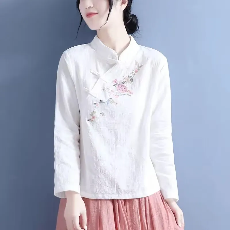 2023 Chinese Style Embroidered Long Sleeve Shirt Women Cotton Linen Stand Collar Clothing Vintage Casual Shirts Hanfu Tops 4XL