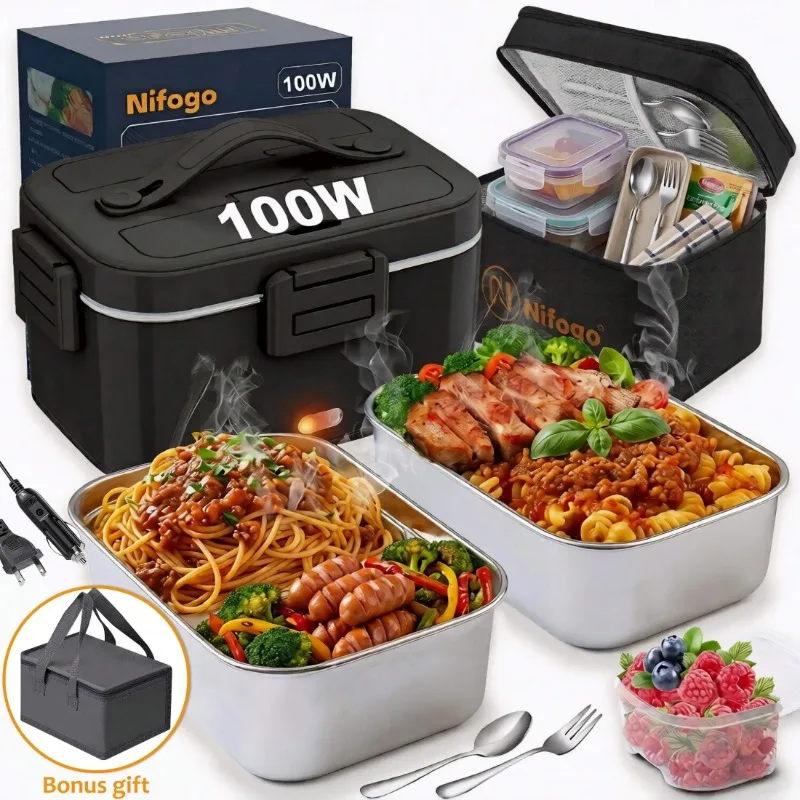 100W Electric Heated Lunch Box, 1.8L 304 Stainless Steel Food Warmer, 12V/24V/110V Dual Use for Car & Home, Portable Leakproof Heating Lunch Container with Insulated Bag for Truck, Office, Travel