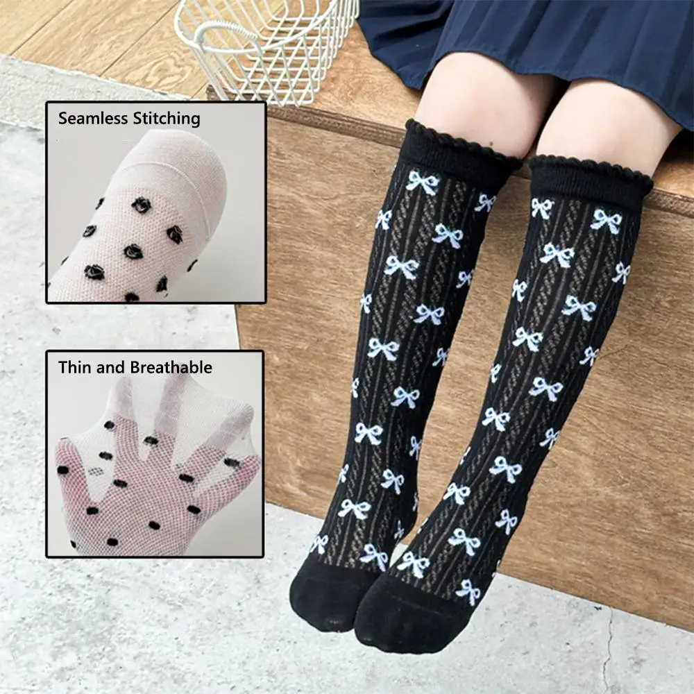 Summer Bowknot Girls Knee High Socks Lace Thin School Uniform Socks Polka Dot Princess Calf Socks for