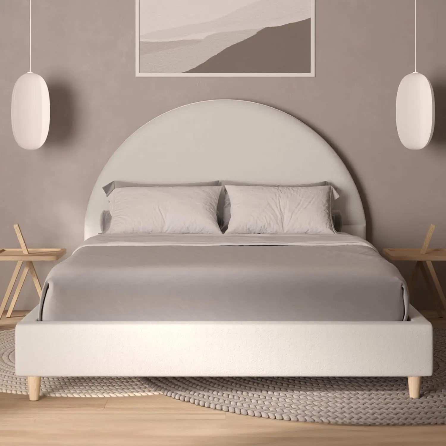 

Casa Boucle Cloud Bed Frame with Arch Shaped Headboard, Upholstered in Soft Fabric, Platform Bed Frame with Solid Wood Legs