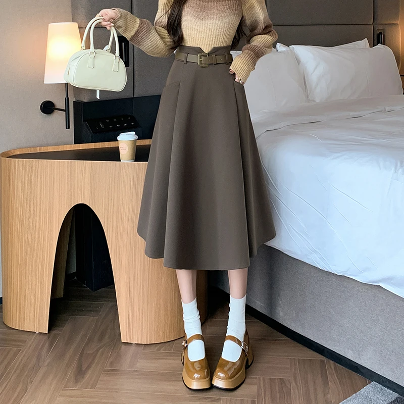 

Ladies Elegant High Waist Wool Midi Skirt Women New Autumn Winter Woolen A-line Umbrella Skirts Female Fashion Pleated Skirts