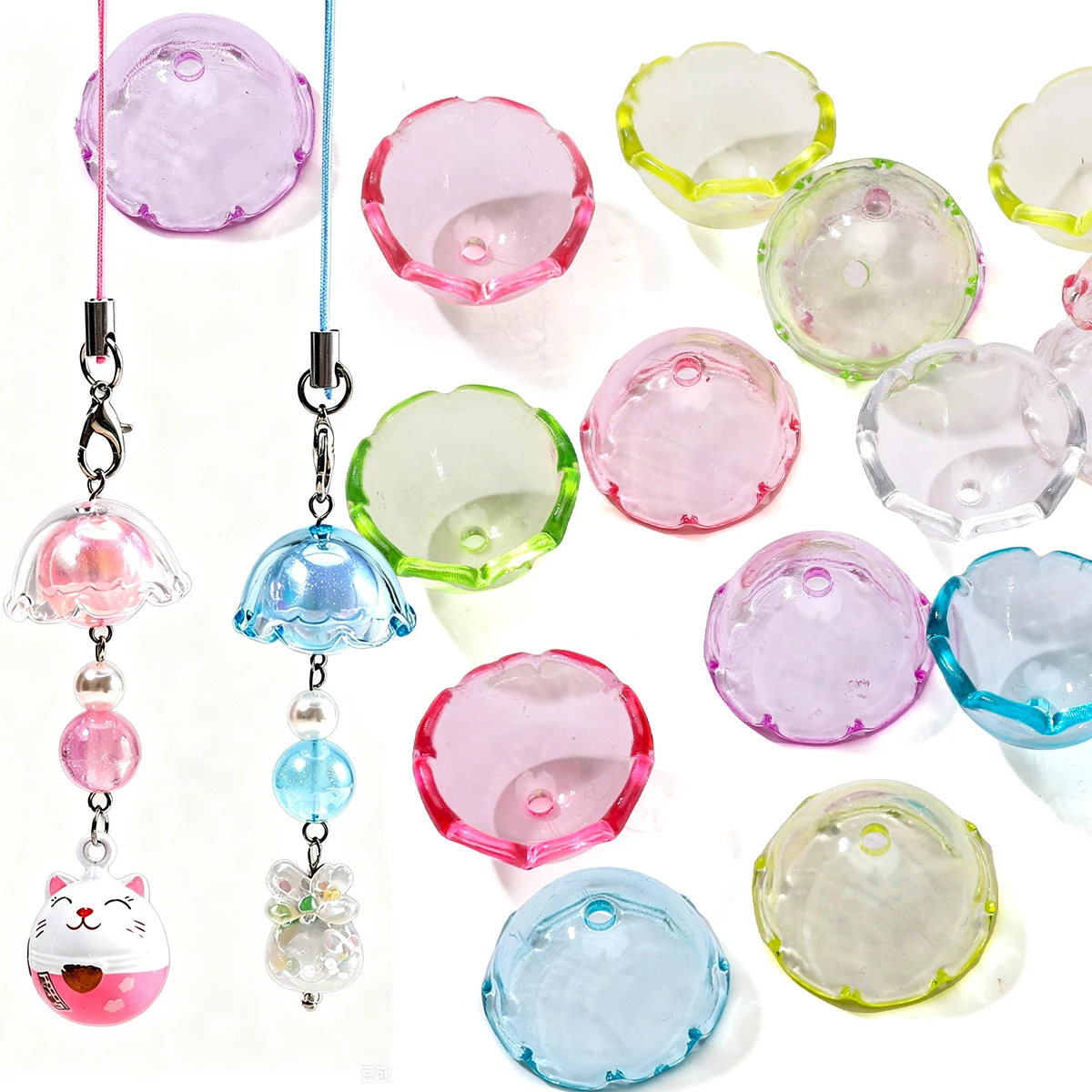 30 peças de contas acrílicas coloridas transparentes de 13x22mm em formato de sino de vento, flor e água-viva para acessórios DIY de colares, chaveiros e capas de celular.