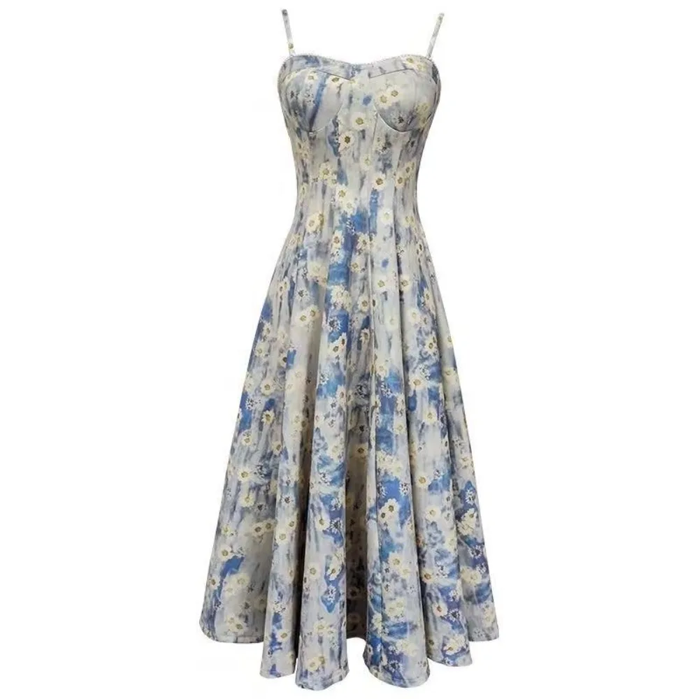 Slim Fit French Blue Oil Painting Slip Dress Waist-Cinching Spaghetti Strap Women's Floral Long Skirt Beach Vacation