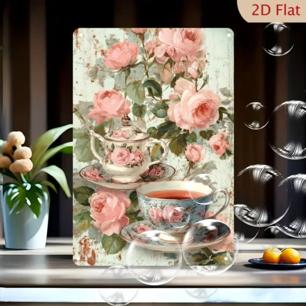 Vintage Teacup Rose Metallschild 8x12 Zoll Eisen Rosa Grün Farmhaus Innen- und Außenbereich Küchenwanddekoration Einweihungsgeschenk Weihnachtsgeschenk