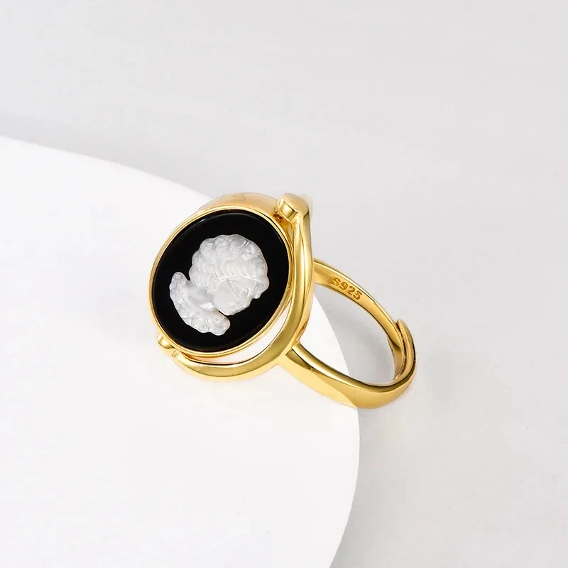 TZgrams Original 925 Silver Black Onyx Cameo Portrait Rings For Women White Shell Face Oval Open Ring Vintage Simple Jewelry