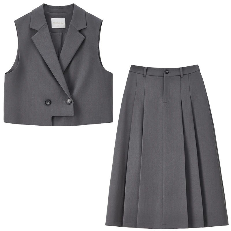 SENTUBILA Skirt Suits Solid Double Breasted Notched Lapel Asymmetrical Vest Elasticated High-Waist A-Line Pleated Skirt153ZA2894