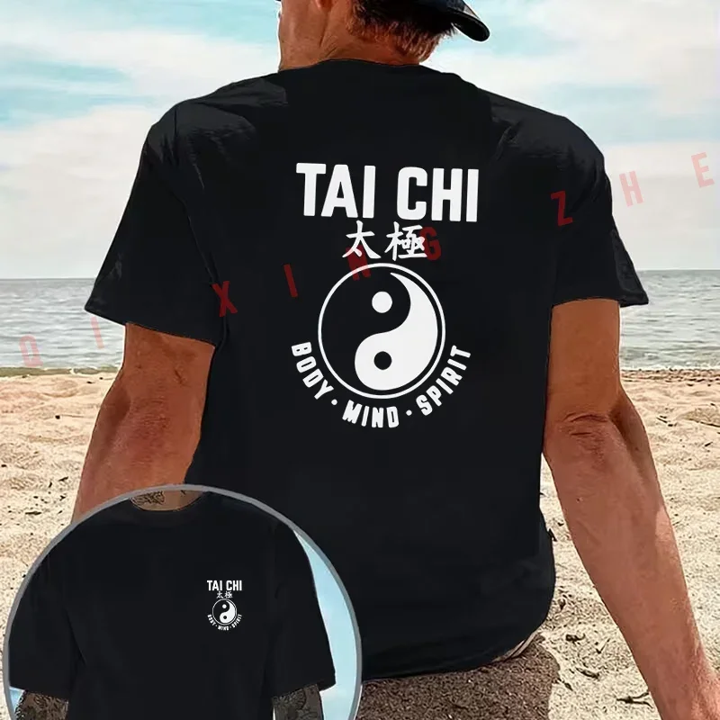TAI CHI Tai Chi Yin Yang National Style Text graphic motorcycle T-Shirt Cotton Double-Sided Print Men Casual Short Sleeve Tops