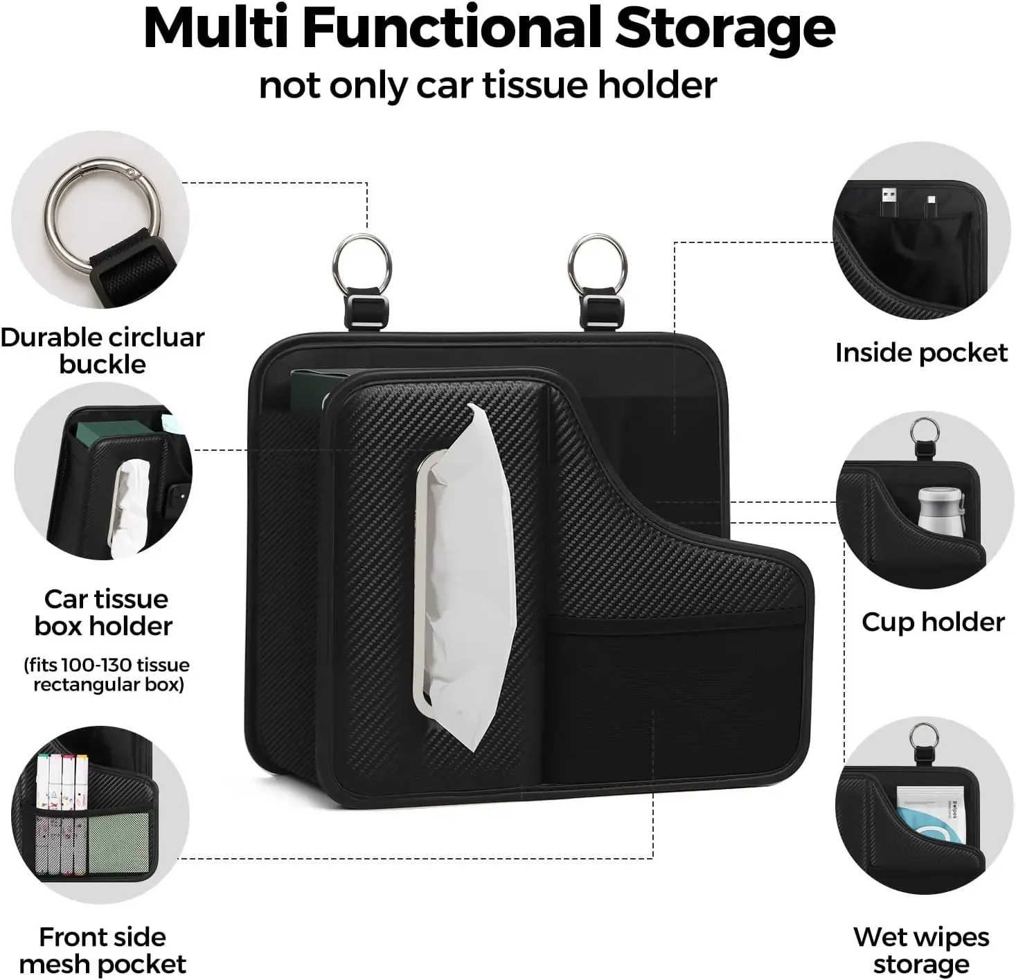 Car Tissue Holder,Back Seat Organizer with Cup Holder,Multifunctional Car Headrest Seat Back Storage,Snack Organizers for Kids,Large Tissue Box Cover Fit for 100-130 Regular Size Tissues view 2