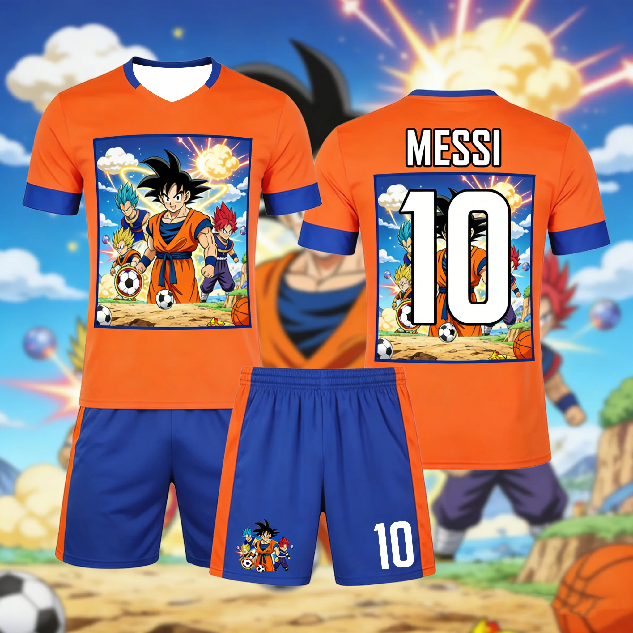 

Футболка с изображением Драгонболл в коллаборации с Месси, футбольная футболка для активного отдыха, быстросохнущая мужская футболка + шорты, детский костюм