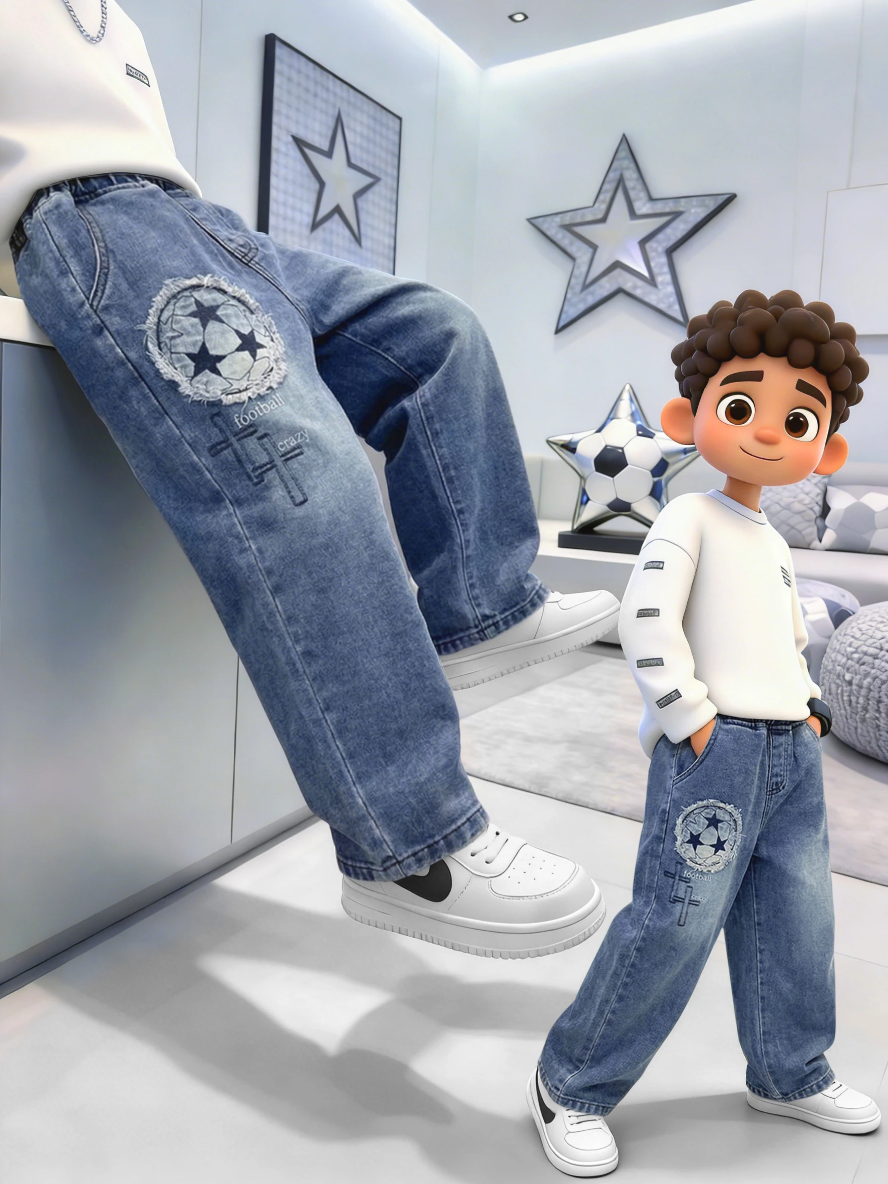 Original Design Boys' Denim Pants with Football Star Patches, Featuring Raw Edge Round Football Star Patches and Trendy English Embroidery. Elastic Waist Loose-Fitting Children's Jeans, with Raw Edge Round Football Patches, Casual Pants with Raw Edge Football Patches, Children's Denim Pants with Elastic Waist, Comfortable Casual Pants for Boys Suitable for Daily Wear, School, Outings, and Other Occasions, Versatile and Fashionable