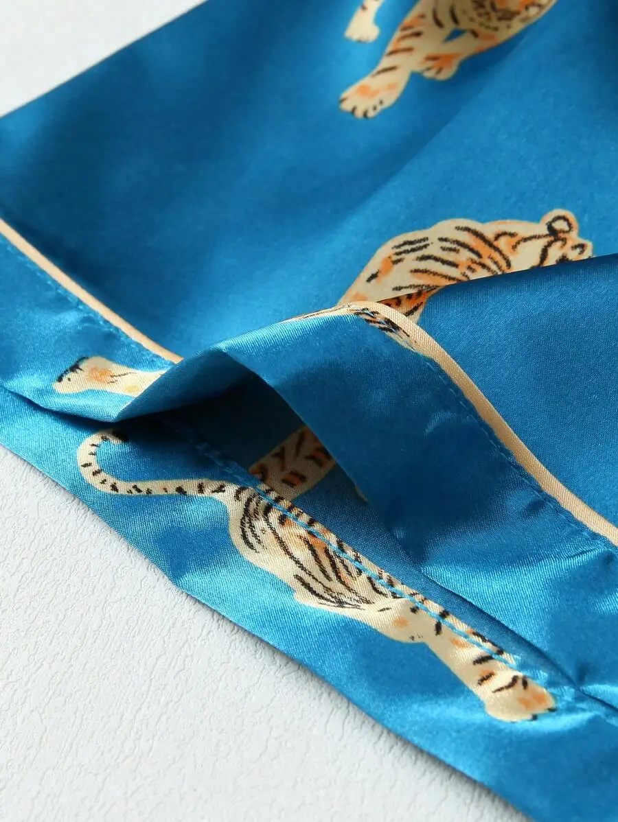 Women Satin Tiger Print Short Sleeve Collared Sleep Top And Bowknot Shorts Set Light Blue