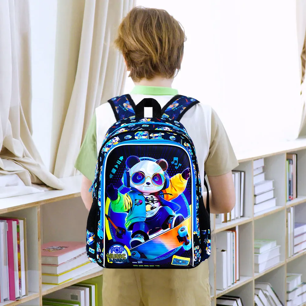 3Pcs 16 Inch Boys Backpack Set, Cool Skateboard‑Panda School Bag with Lunch Bag & Pencil Pouch, Lightweight Elementary Bookbag