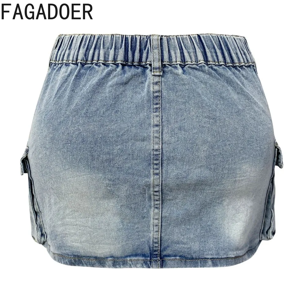 FAGADOER Retro Blue Fashion Denim Cargo Mini Skirts Women High Waist Button Pocket Elasticity Skinny Skirt Female Cowboy Bottoms