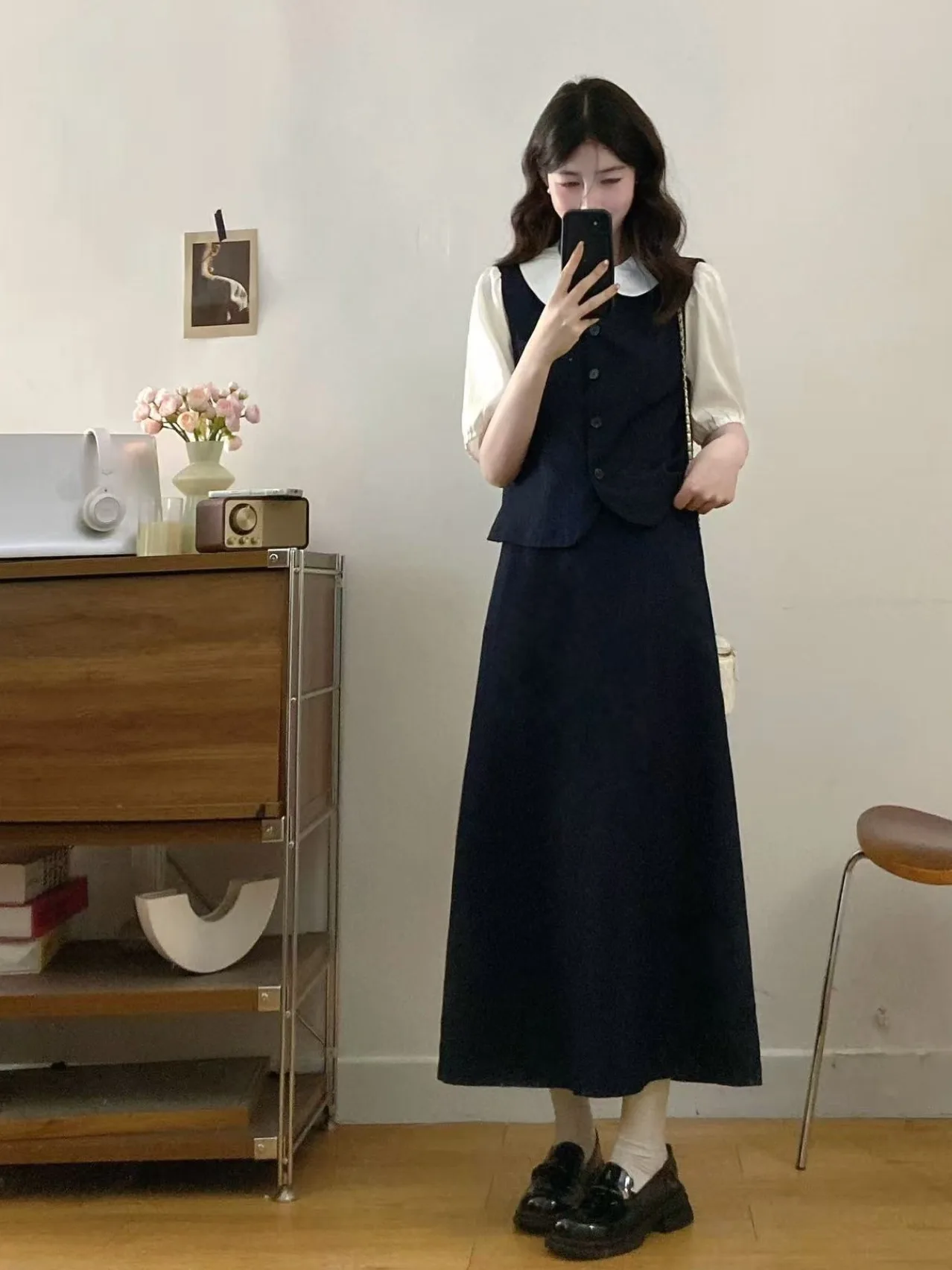 

plus Size Summer Fashion Korean Style Slimming Doll Collar Patchwork Top Versatile High Waist Skirt Two Piece Set Women