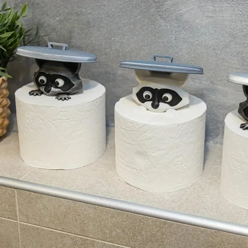 

Cute Raccoon Toilet Paper Holder Playful Bathroom Decor With Trash Can Lid Cover Unique Gift Idea Funny Home Accessory