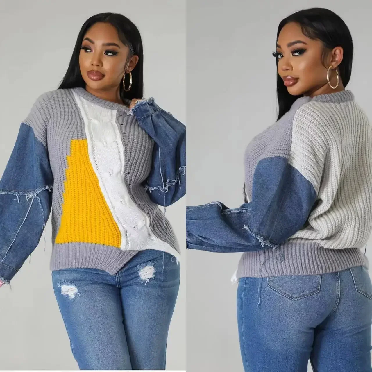 Fashion Women Denim Long Sleeve Knit Ribbed Patchwork Pullover Oversize Sweater Tops Outwear 2024 Autumn