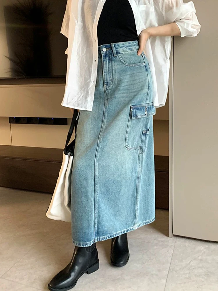 Cargo Jean Skirts High Waist Back Split Denim Skirt Loose Casual Blue Skirts Women Long Skirt Maxi Outfits