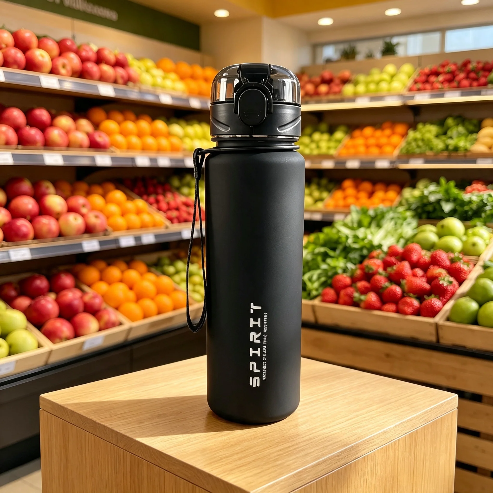 Matte Plastic Sports Water Bottle with Lanyard, One-Touch Opening Leakproof Portable Travel Drinking Cup