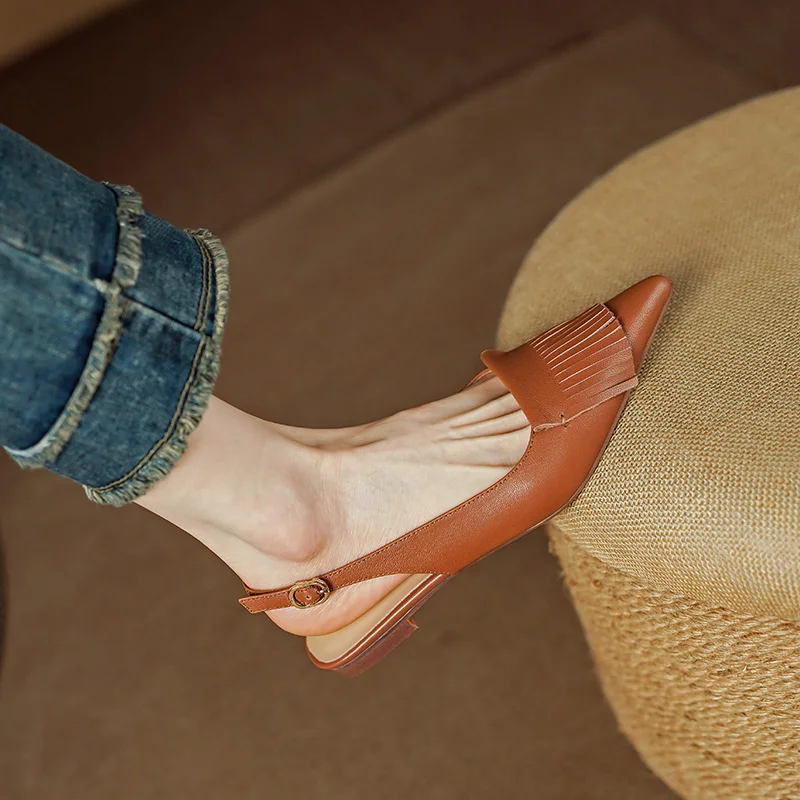 2024 Summer Sandals Shoes for Women Cover Toe Mules Casual Pointed Toe Chunky Heel Women Shoes Flat with Retro Genuine Leather