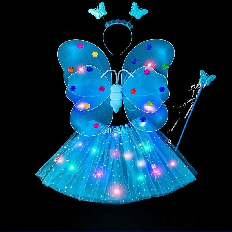 أجنحة الفراشة المتوهجة تضيء فستان الأميرة الجنية عصا سحرية 3 قطعة مجموعة أزياء أداء الحفلات لعب الأدوار دعائم التصوير الفوتوغرافي #5