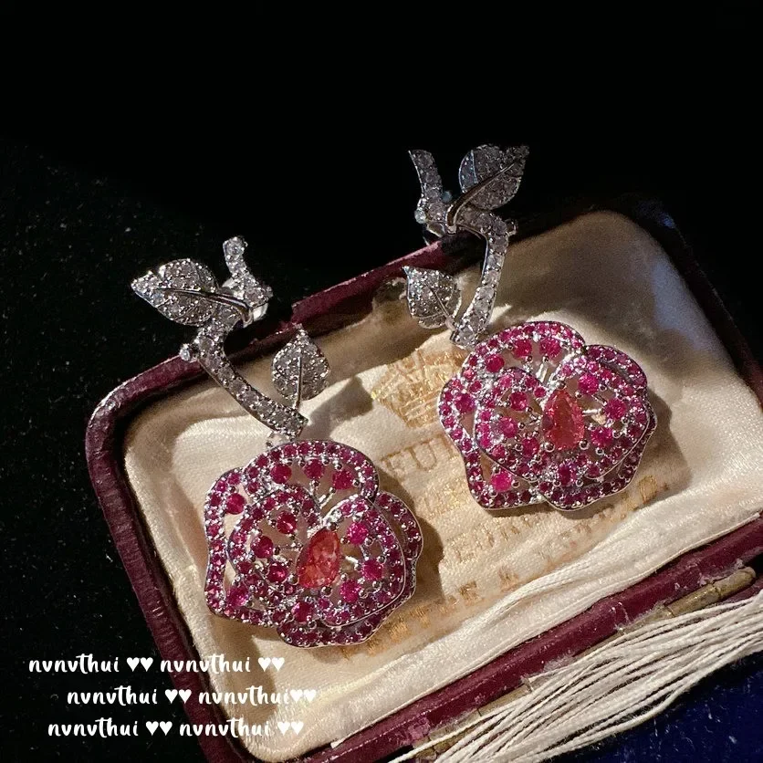 New 18K White Gold Paletd Red Cubic Zirconia Bridal Delicate Rose Flower Sparkling Crystal for Jewelry Set Women Wedding Banquet