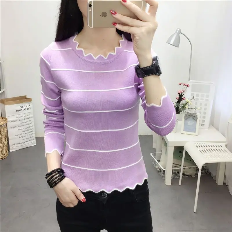 Roupas femininas listradas all-match vintage pullovers topo outono inverno nova manga longa magro moda blusas coreano high street