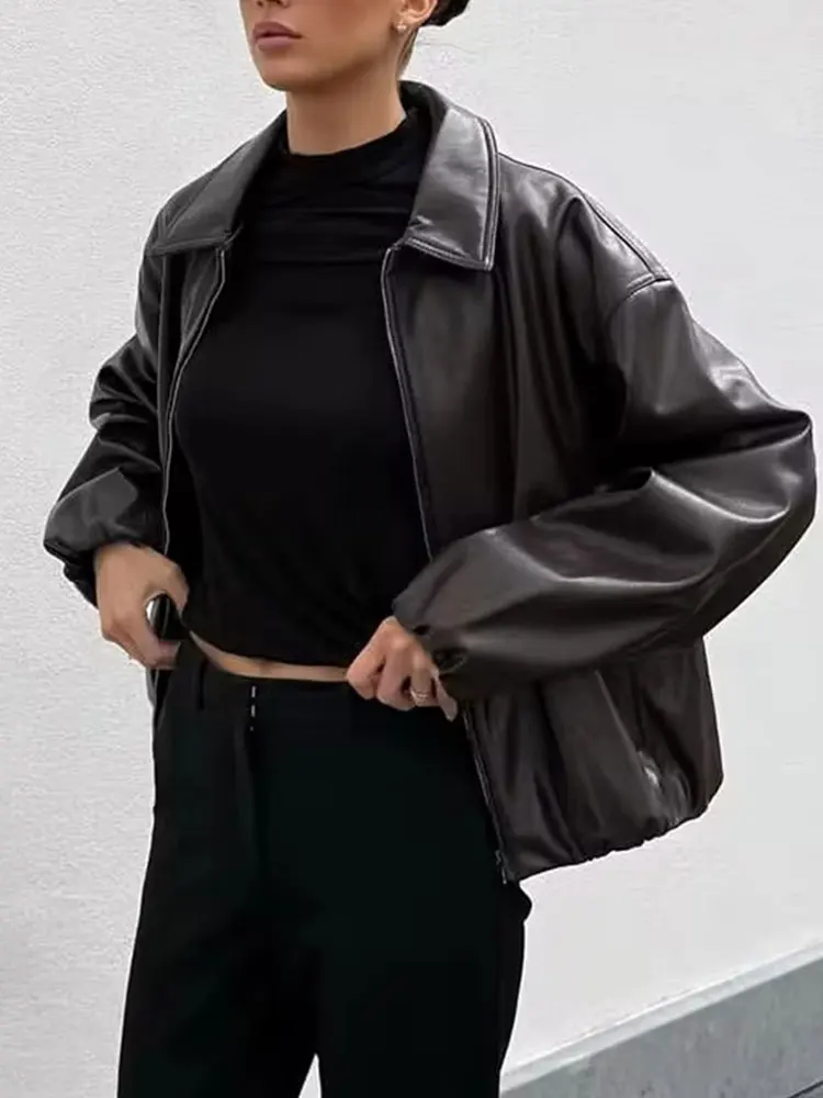 HH 秋フェイクレザージャケット女性のためのファッションエレガントカジュアル長袖ジッパーボンバージャケットコートオフィスレディアウター
