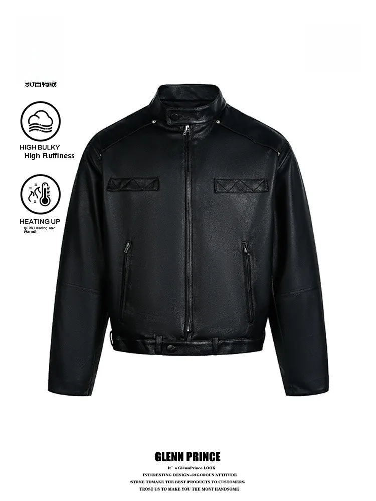 

Мужская кожаная куртка Gpstudio American Sle Trendy Motorcycle Wind 90 White Du с воротником-стойкой, утепленная пухом