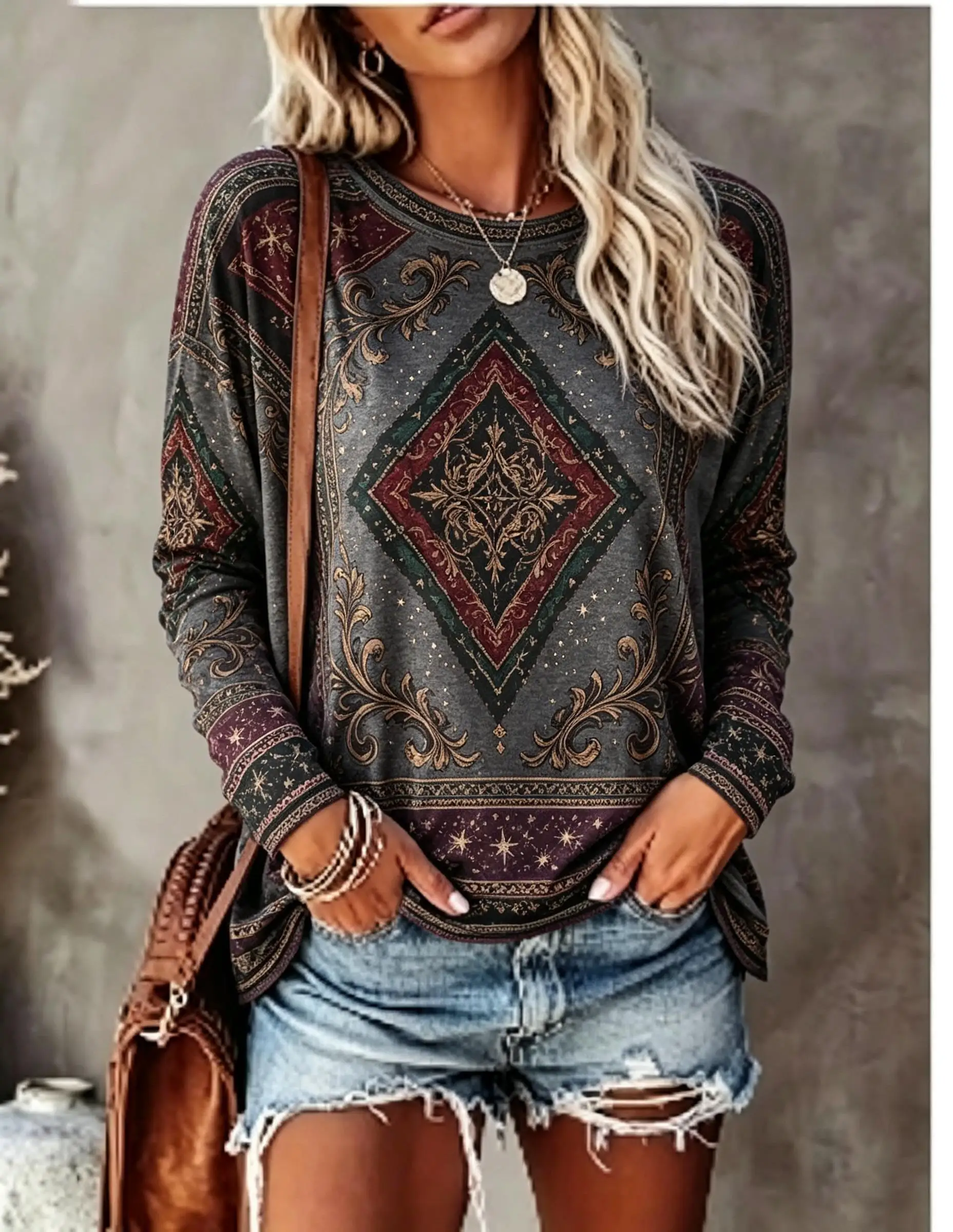 Women Crew Neck Long Sleeve T‑Shirt, Vintage Compass Geometric Print Casual Loose Pullover Tops
